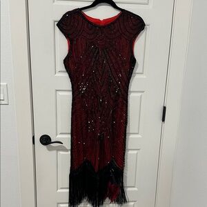 Chic Black and Red 1920s Gatsby Cocktail Fringe Midi Dress